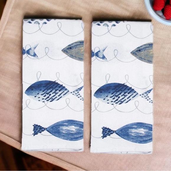 Mabelle Coastal Printed Kitchen Cotton Towels Nautical Beach Blue White 2 Pieces - Picture 2 of 13